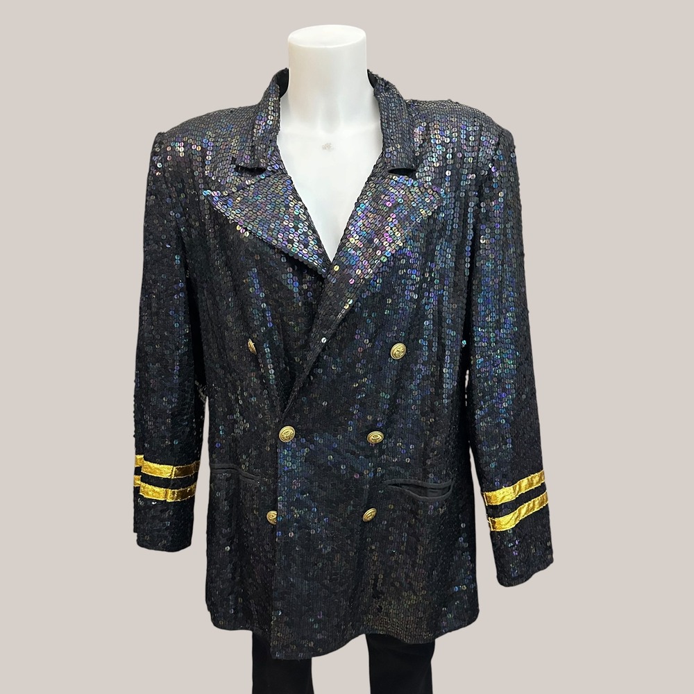 SANDY STARKMAN Full Sequin Double Breasted Blazer Gold Trims Nautical VTG sz XL